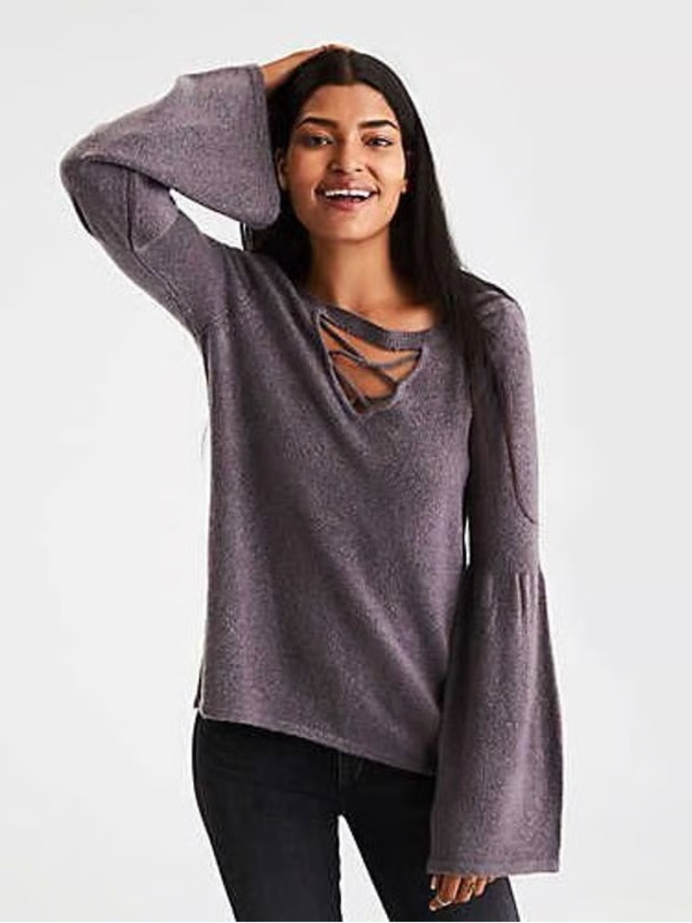 American Eagle Outfitters Cream Bell Sleeve Sweater with Lattice Neck